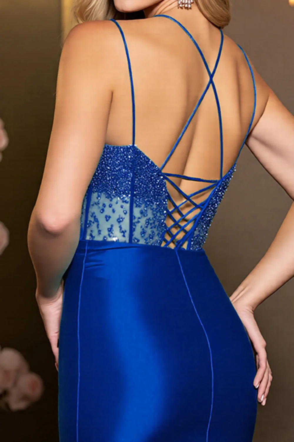 Błyszcząca krótka Royal Blue Satin Bodycon z dziurką od klucza - Image 4