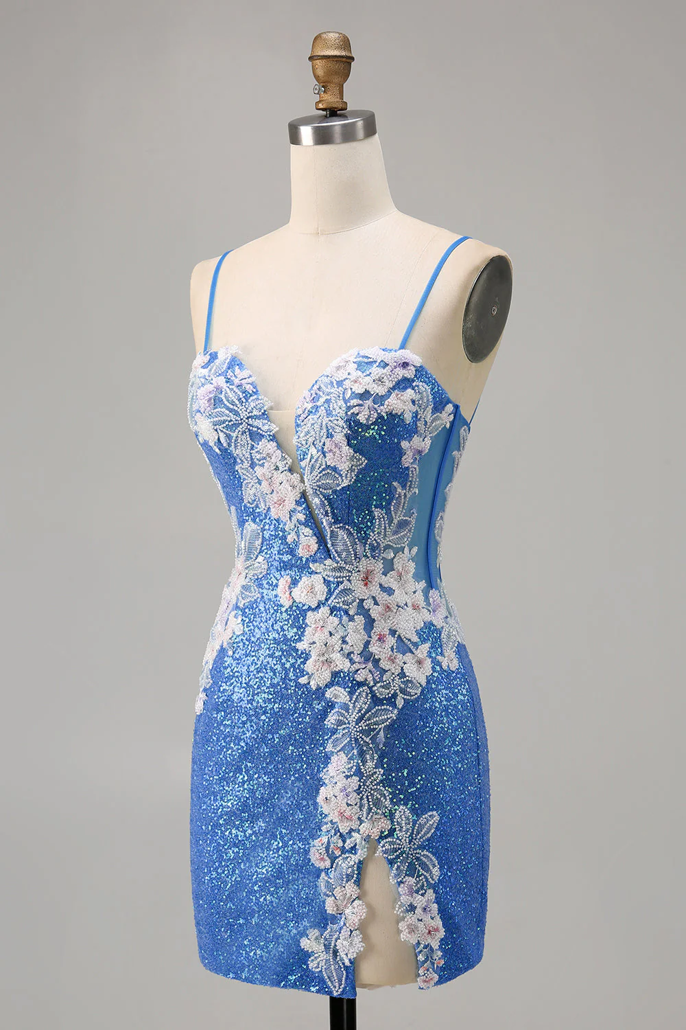 Błyszcząca kwiatowa niebieska cekinowa sukienka bodycon na powrót do domu - Image 3