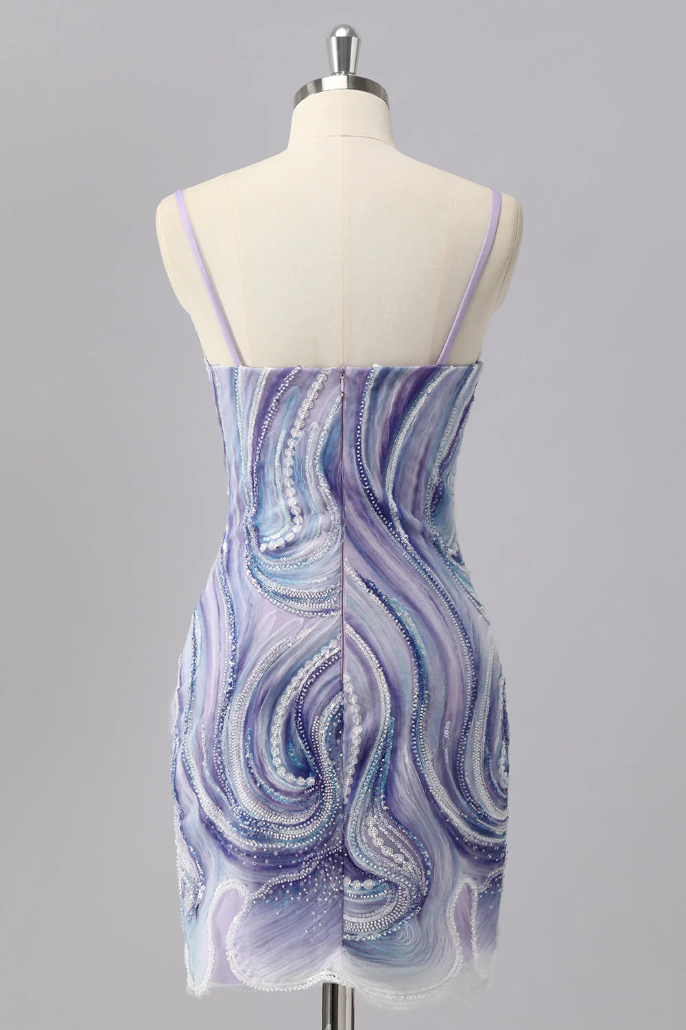 Błyszcząca liliowa sukienka bodycon z koralikami i cekinami - Image 2