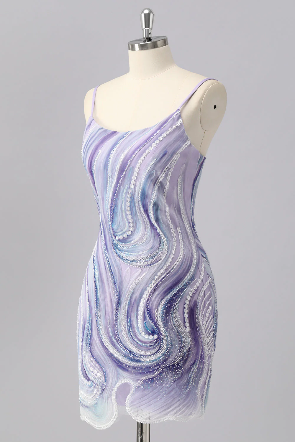 Błyszcząca liliowa sukienka bodycon z koralikami i cekinami - Image 3
