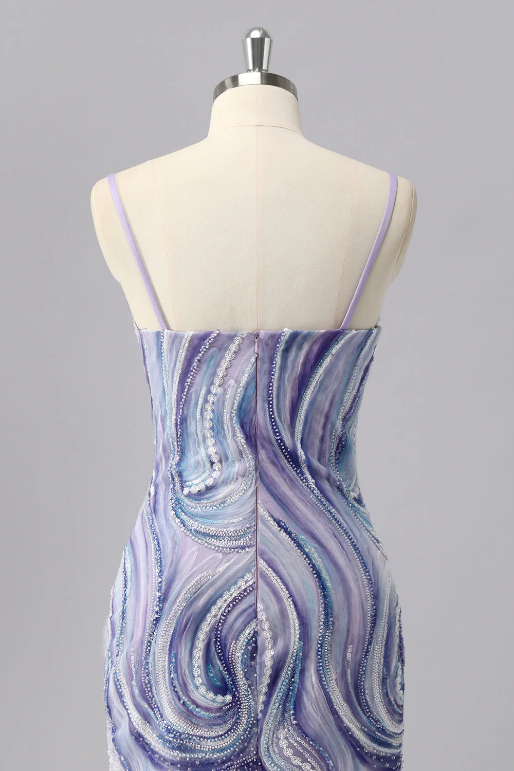 Błyszcząca liliowa sukienka bodycon z koralikami i cekinami - Image 5