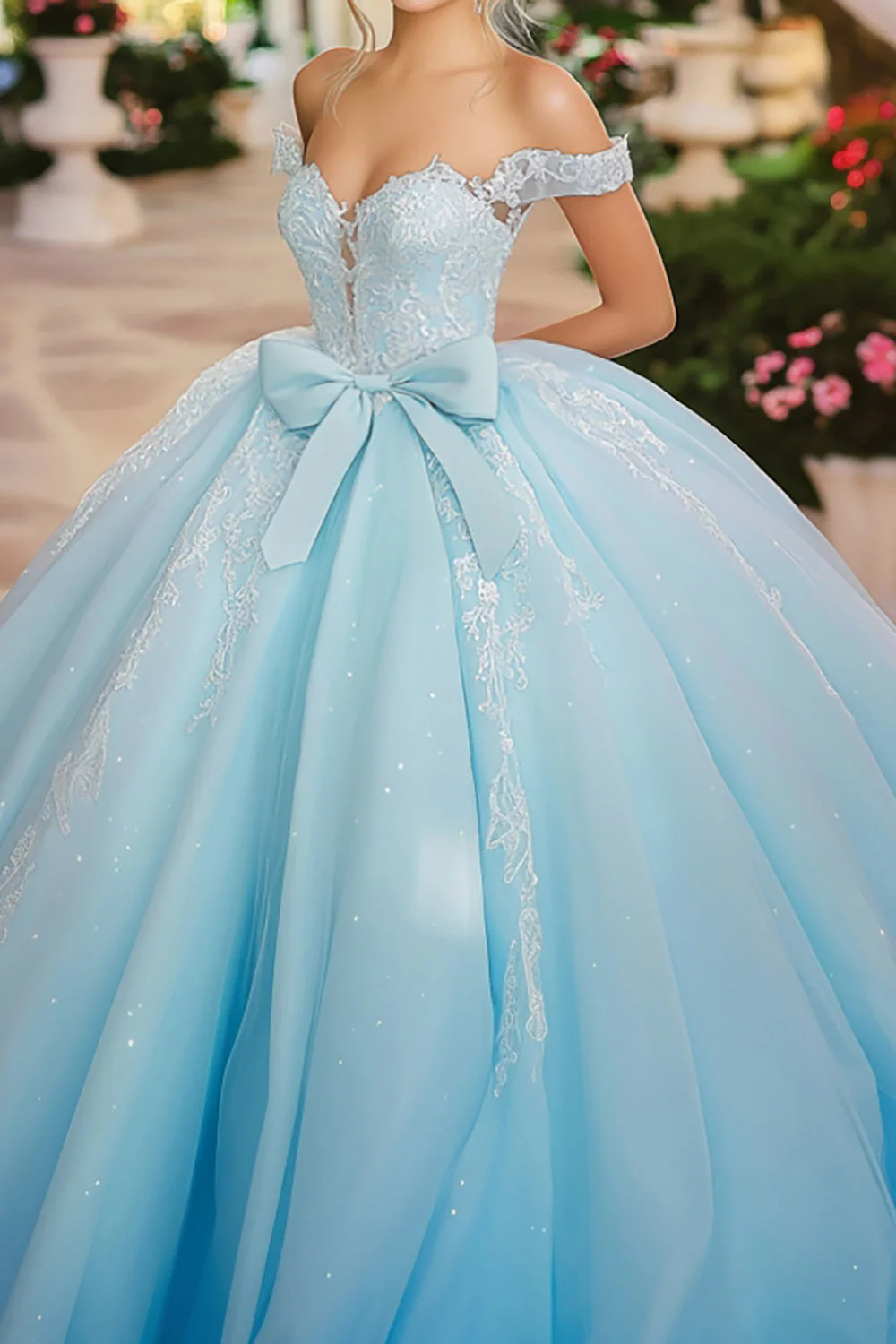Błyszcząca niebieska suknia balowa z kokardą na ramionach Tiulowa sukienka Quinceanera z koronkowymi aplikacjami - Image 2