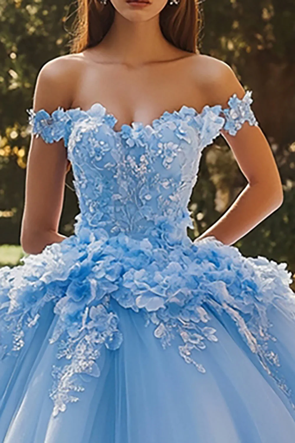 Błyszcząca niebieska suknia balowa z ramionami cekinowe kwiaty 3D Tiulowa sukienka quinceanera - Image 2