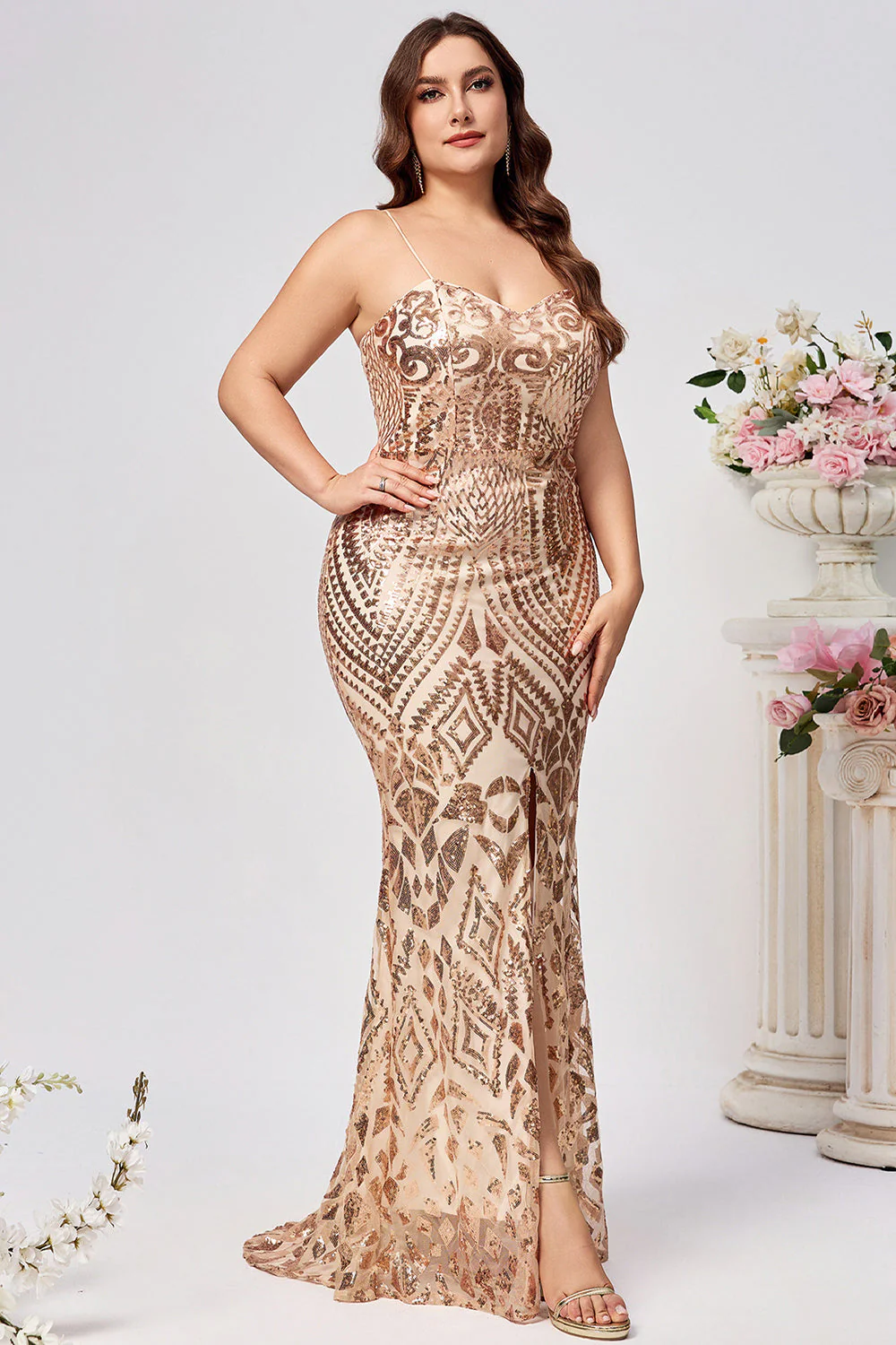 Błyszcząca plus size złota syrenka cekinowa haftowana długa sukienka na studniówkę z rozcięciem - Image 5