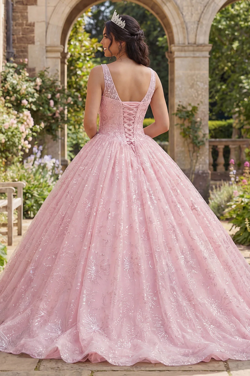Błyszcząca różowa balowa suknia balowa z dekoltem w serek i sukienka Quinceanera - Image 2