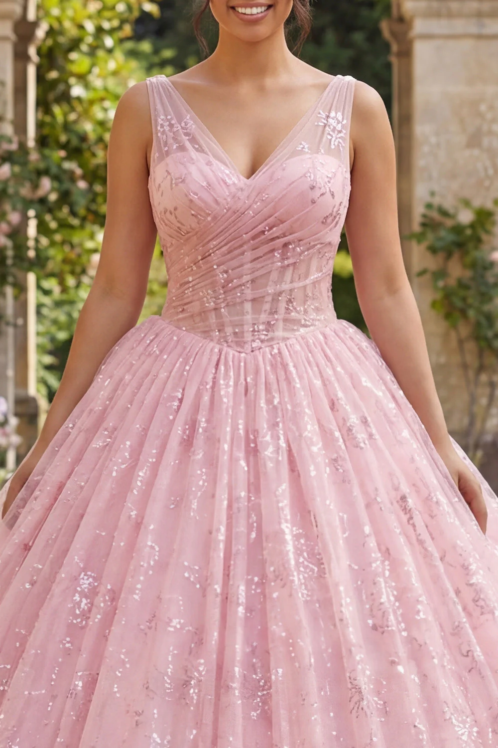 Błyszcząca różowa balowa suknia balowa z dekoltem w serek i sukienka Quinceanera - Image 3