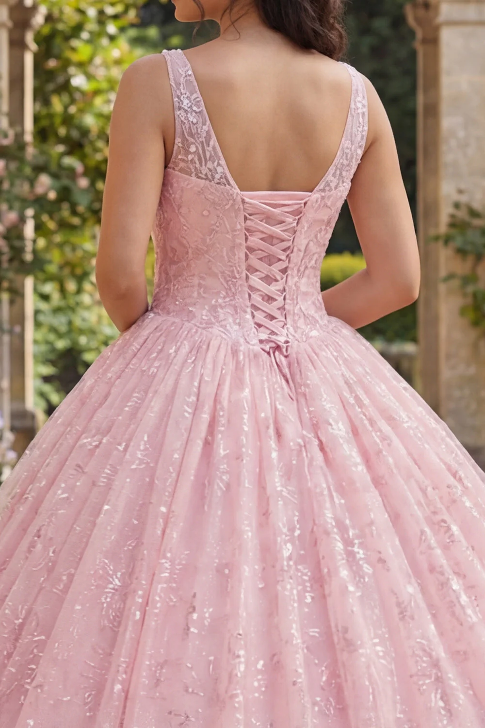 Błyszcząca różowa balowa suknia balowa z dekoltem w serek i sukienka Quinceanera - Image 4