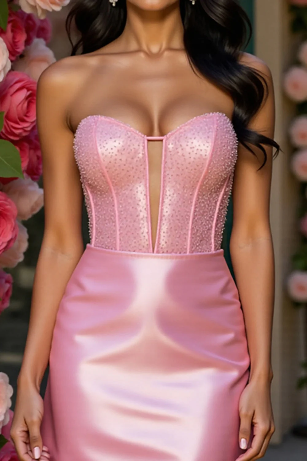 Błyszcząca różowa gorsetowa sukienka bez ramiączek bodycon Homecoming - Image 2