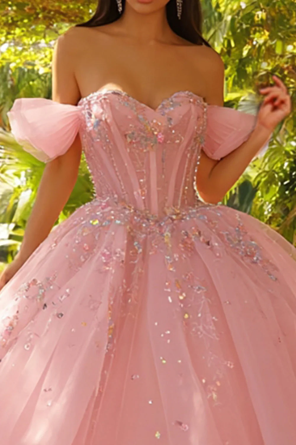 Błyszcząca różowa sukienka balowa z opuszczonymi ramionami – suknia balowa Quinceanera - Image 2