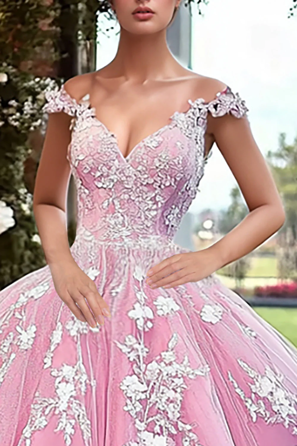 Błyszcząca różowa sukienka quinceanera z odkrytymi ramionami z kwiatami 3D - Image 2