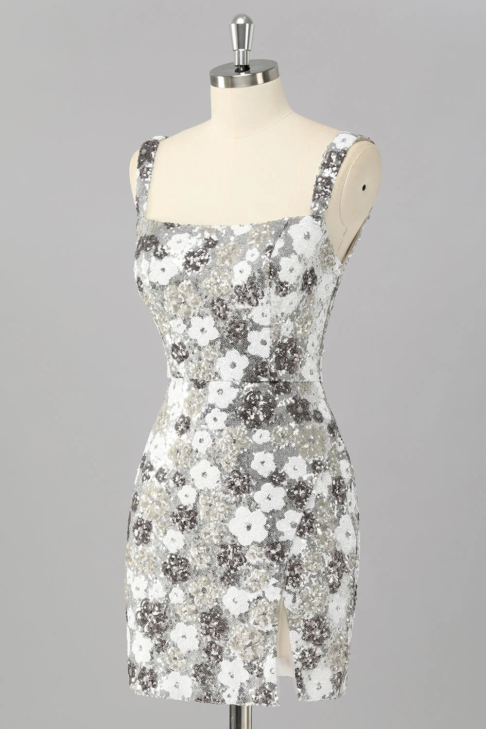 Błyszcząca srebrna kwiatowa cekinowa sukienka bodycon mini z rozcięciem - Image 3