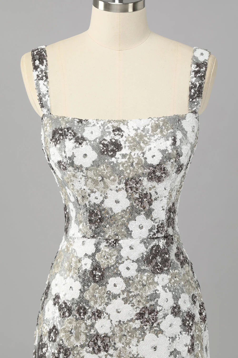 Błyszcząca srebrna kwiatowa cekinowa sukienka bodycon mini z rozcięciem - Image 4