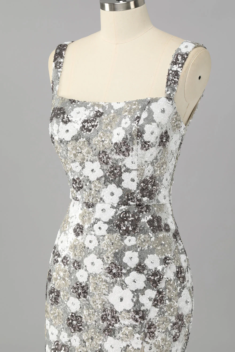 Błyszcząca srebrna kwiatowa cekinowa sukienka bodycon mini z rozcięciem - Image 6