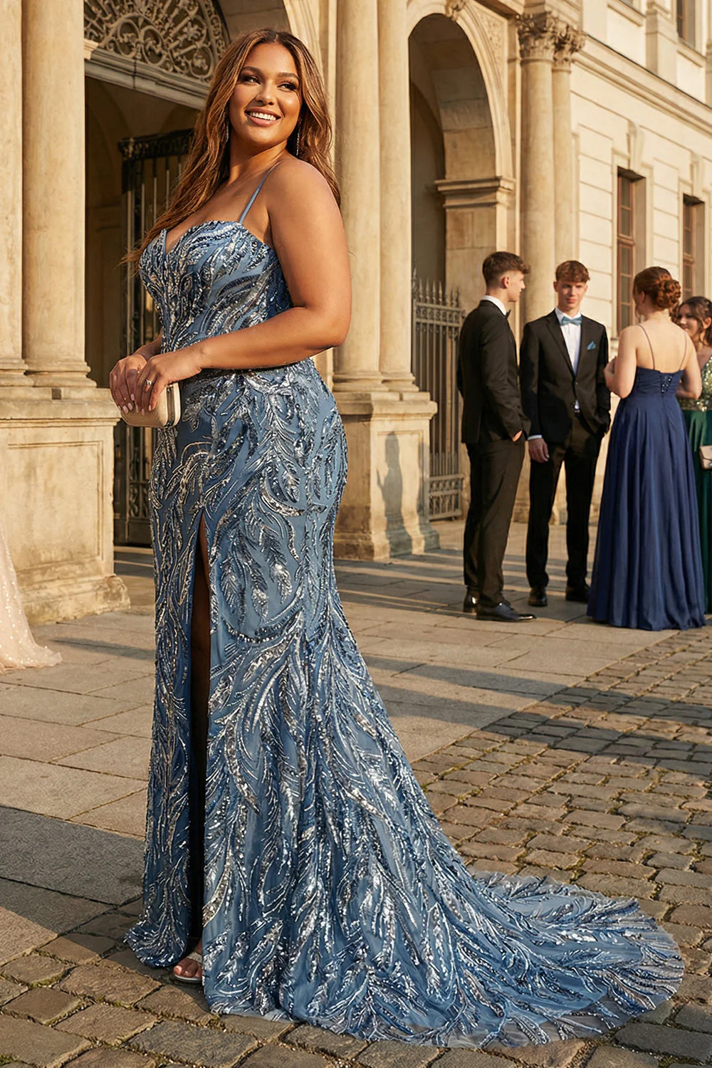 Błyszcząca sukienka na bal w stylu zmierzchu z cekinami zawiązanymi na plecy długą, plus size sukienka balową z rozcięciem - Image 3