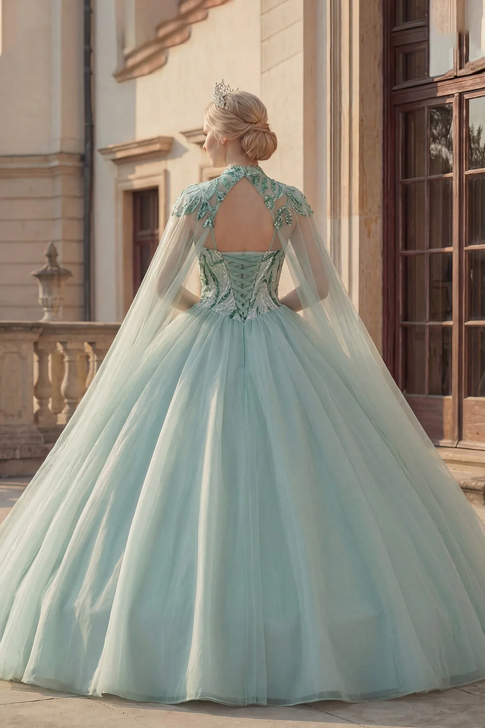 Błyszcząca suknia balowa Sweetheart cekiny z miętową zieloną sukienką Quinceanera z peleryną - Image 2