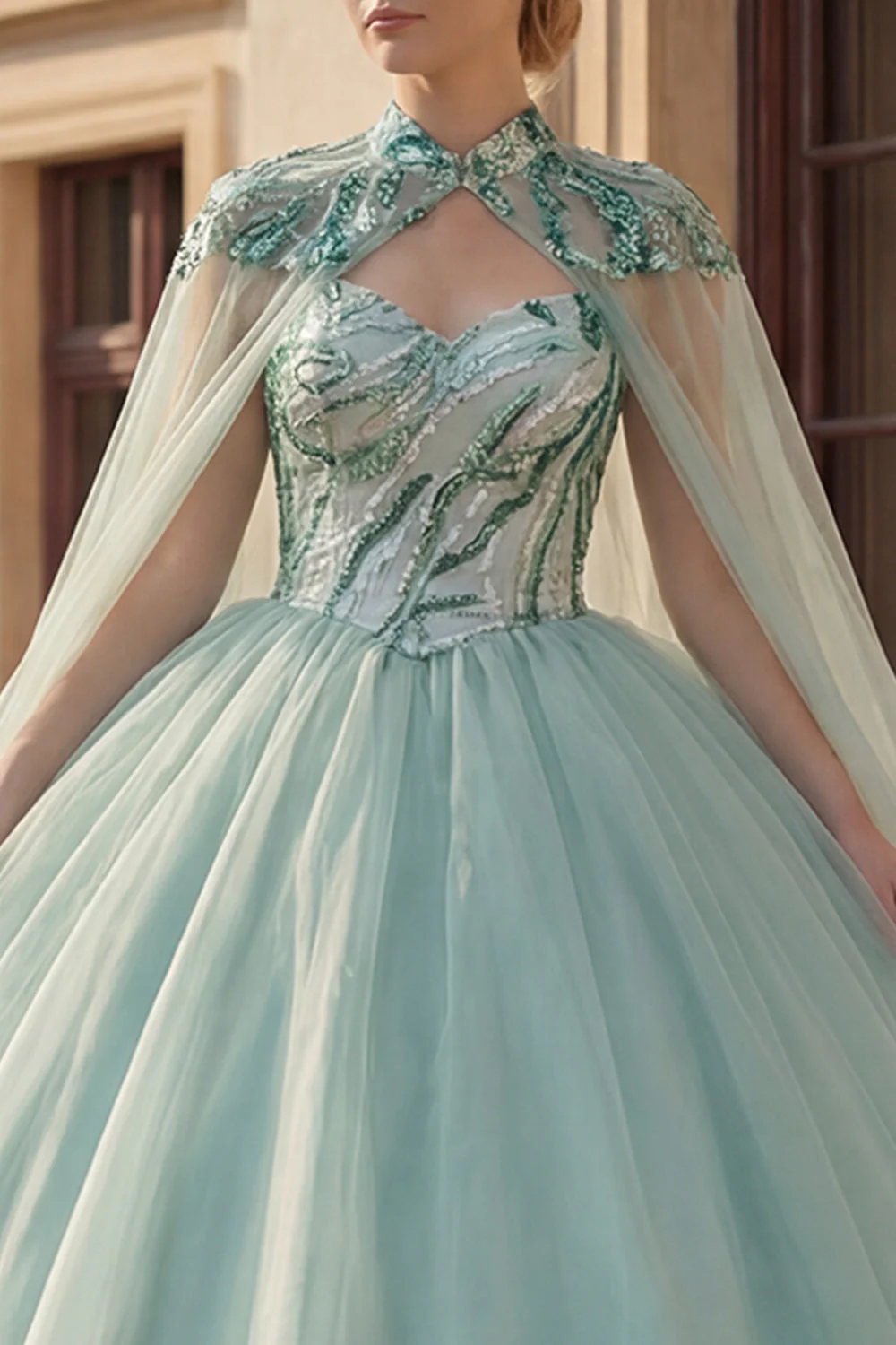 Błyszcząca suknia balowa Sweetheart cekiny z miętową zieloną sukienką Quinceanera z peleryną - Image 3