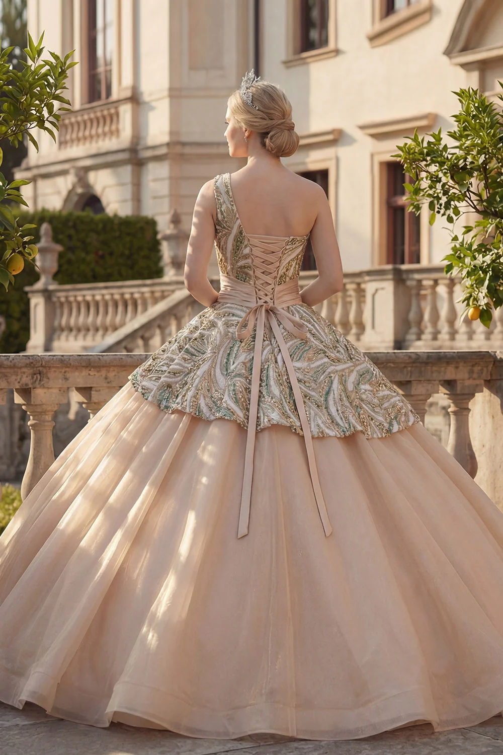 Błyszcząca suknia balowa w kolorze szampana, sukienka z cekinami na jedno ramię i sukienka Quinceanera - Image 2