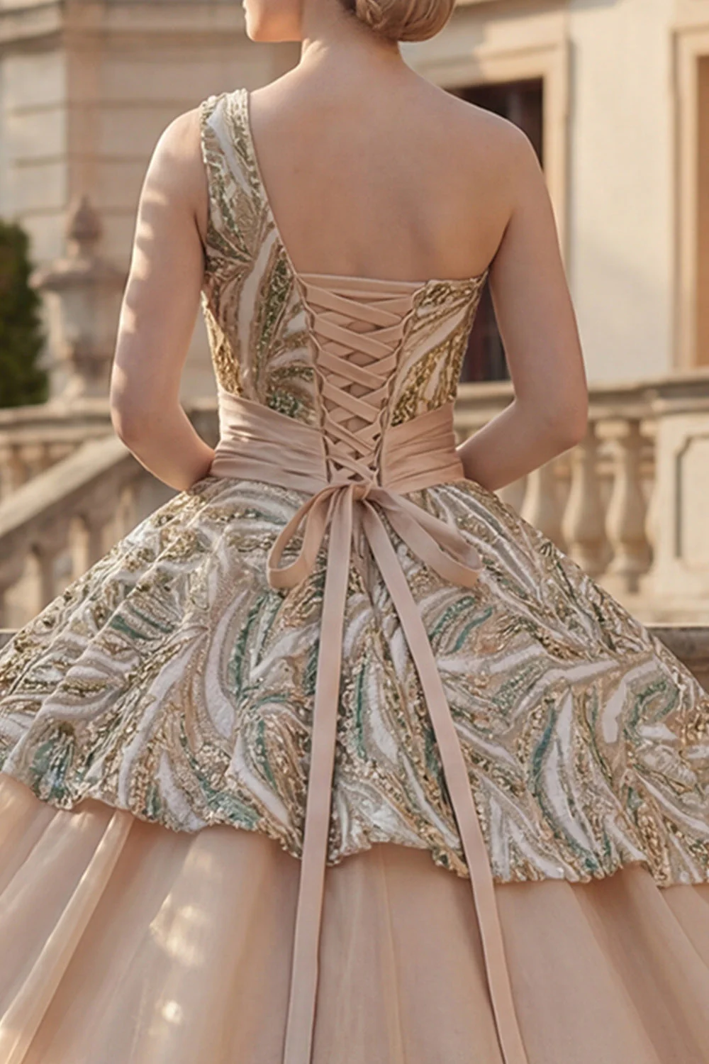 Błyszcząca suknia balowa w kolorze szampana, sukienka z cekinami na jedno ramię i sukienka Quinceanera - Image 4