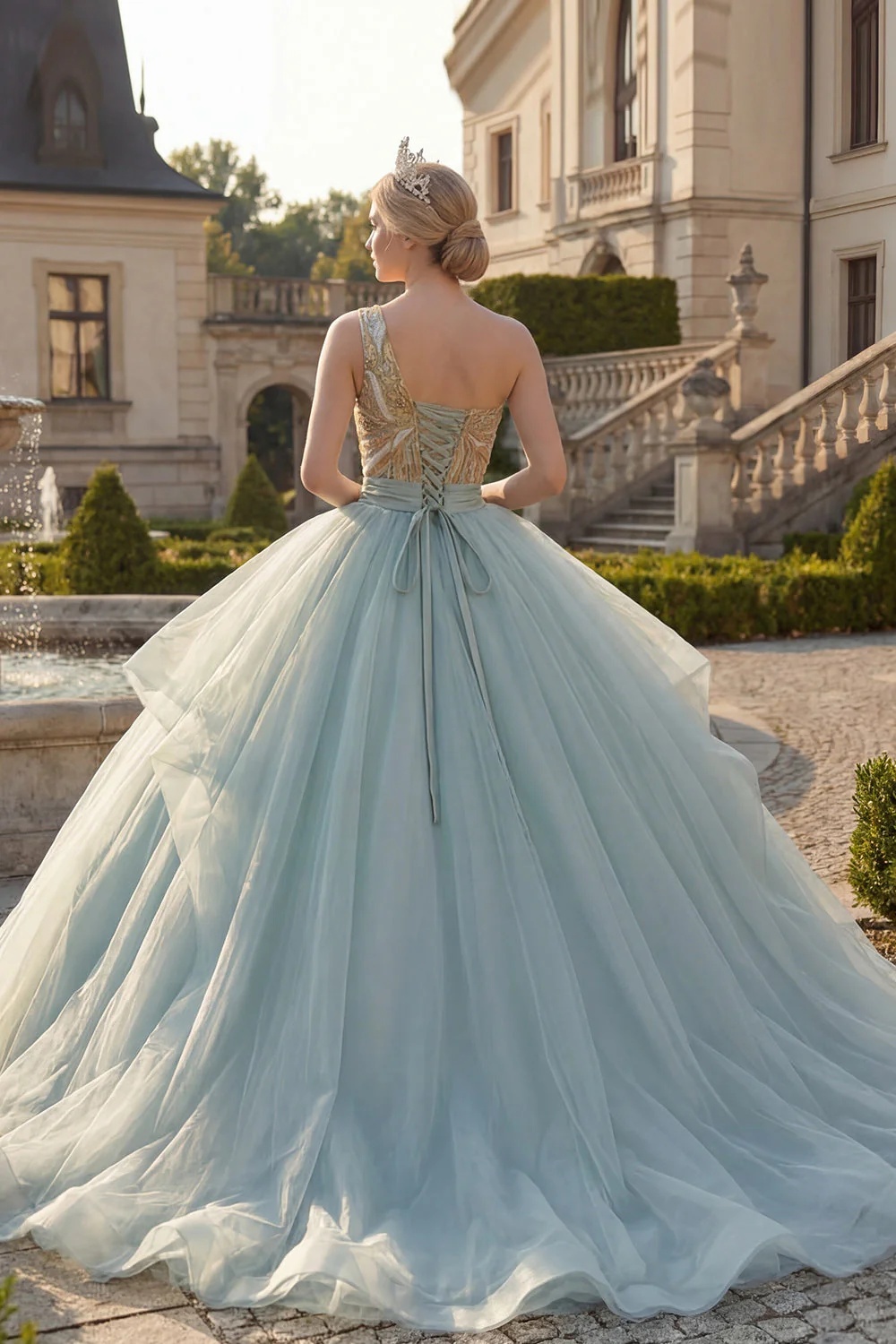 Błyszcząca suknia balowa, zakurzona niebieska sukienka z cekinami na jedno ramię, falbanami i sukienka z Quinceañera - Image 2