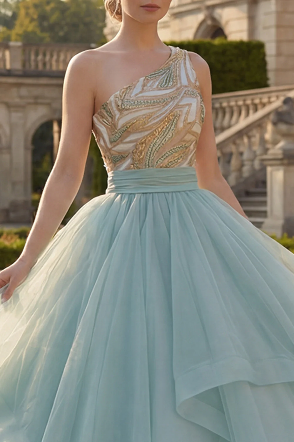 Błyszcząca suknia balowa, zakurzona niebieska sukienka z cekinami na jedno ramię, falbanami i sukienka z Quinceañera - Image 3