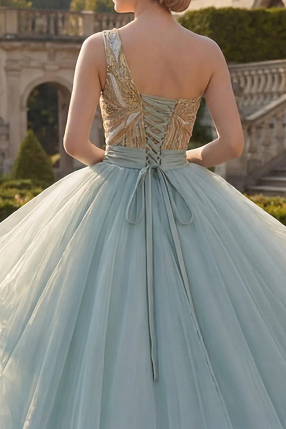Błyszcząca suknia balowa, zakurzona niebieska sukienka z cekinami na jedno ramię, falbanami i sukienka z Quinceañera - Image 4