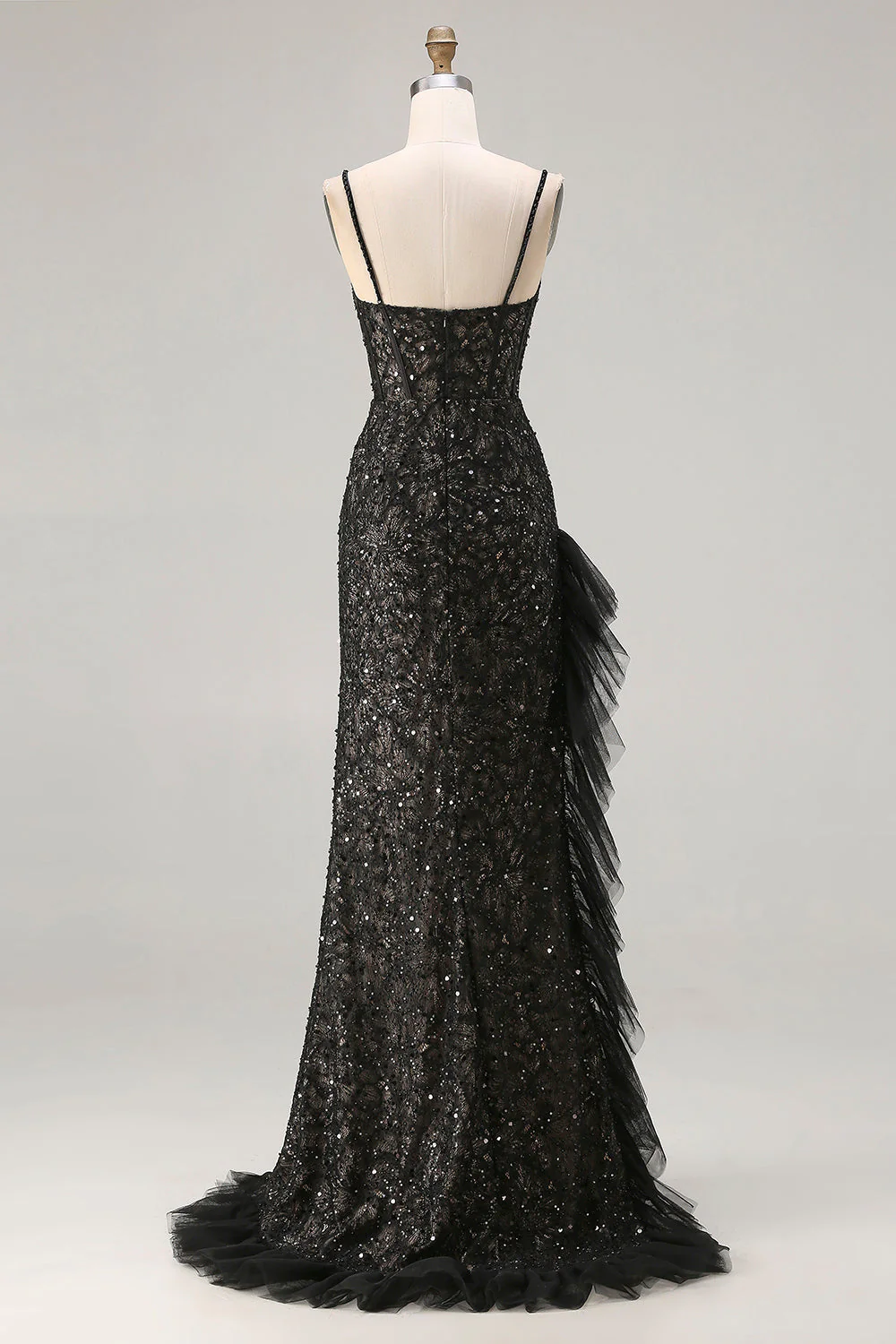 Błyszcząca syrena z koralikami i cekinami z falbanami i długą sukienią na bal z rozcięciem - Image 2