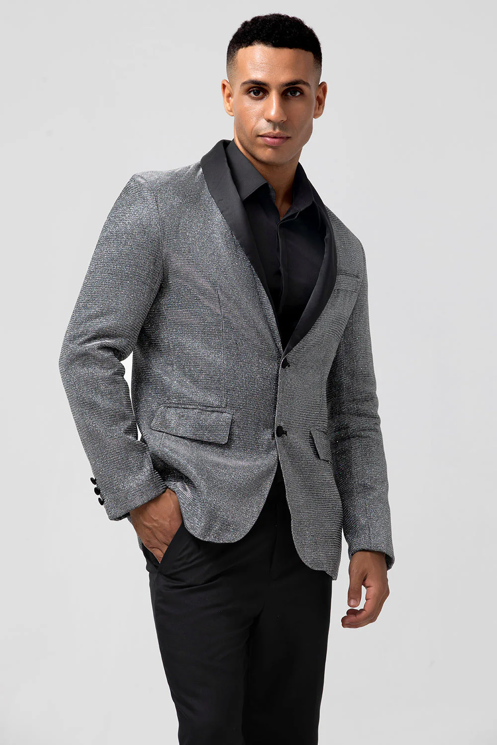 Błyszcząca szara szal z klapami Slim Fit męska marynarka na studniówkę - Image 3