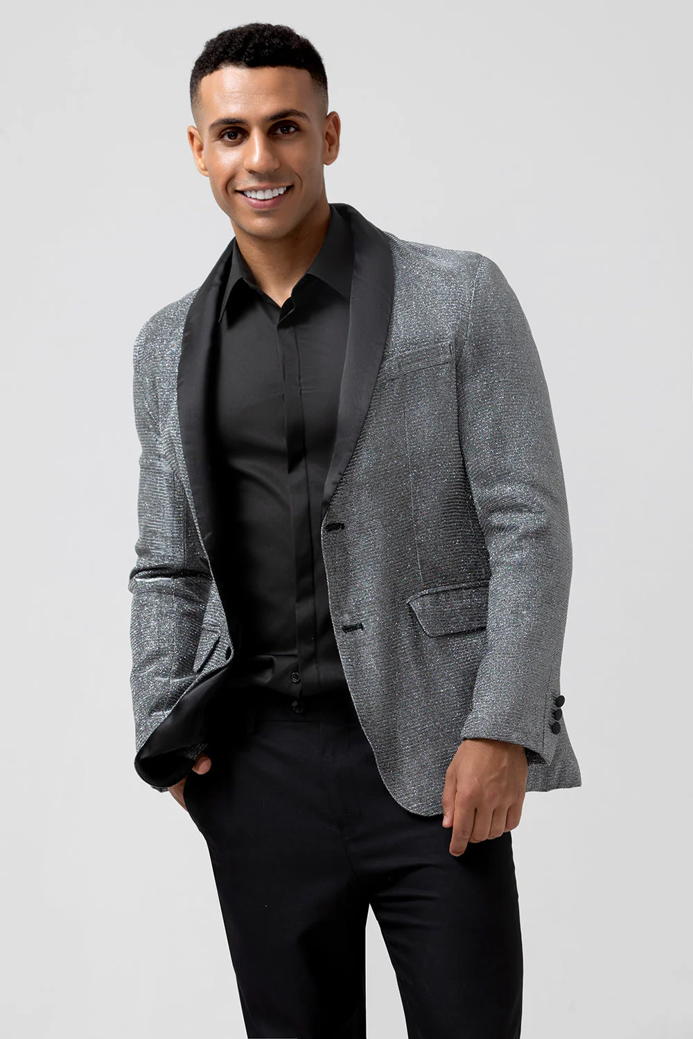 Błyszcząca szara szal z klapami Slim Fit męska marynarka na studniówkę - Image 4