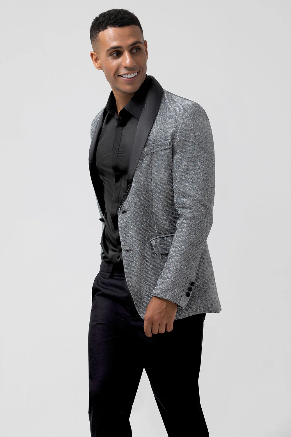 Błyszcząca szara szal z klapami Slim Fit męska marynarka na studniówkę - Image 5