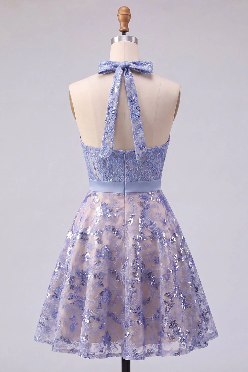 Błyszcząca szaro-niebieska haltarka z koralikami A Line Short Homecoming Dress z kokardą - Image 2