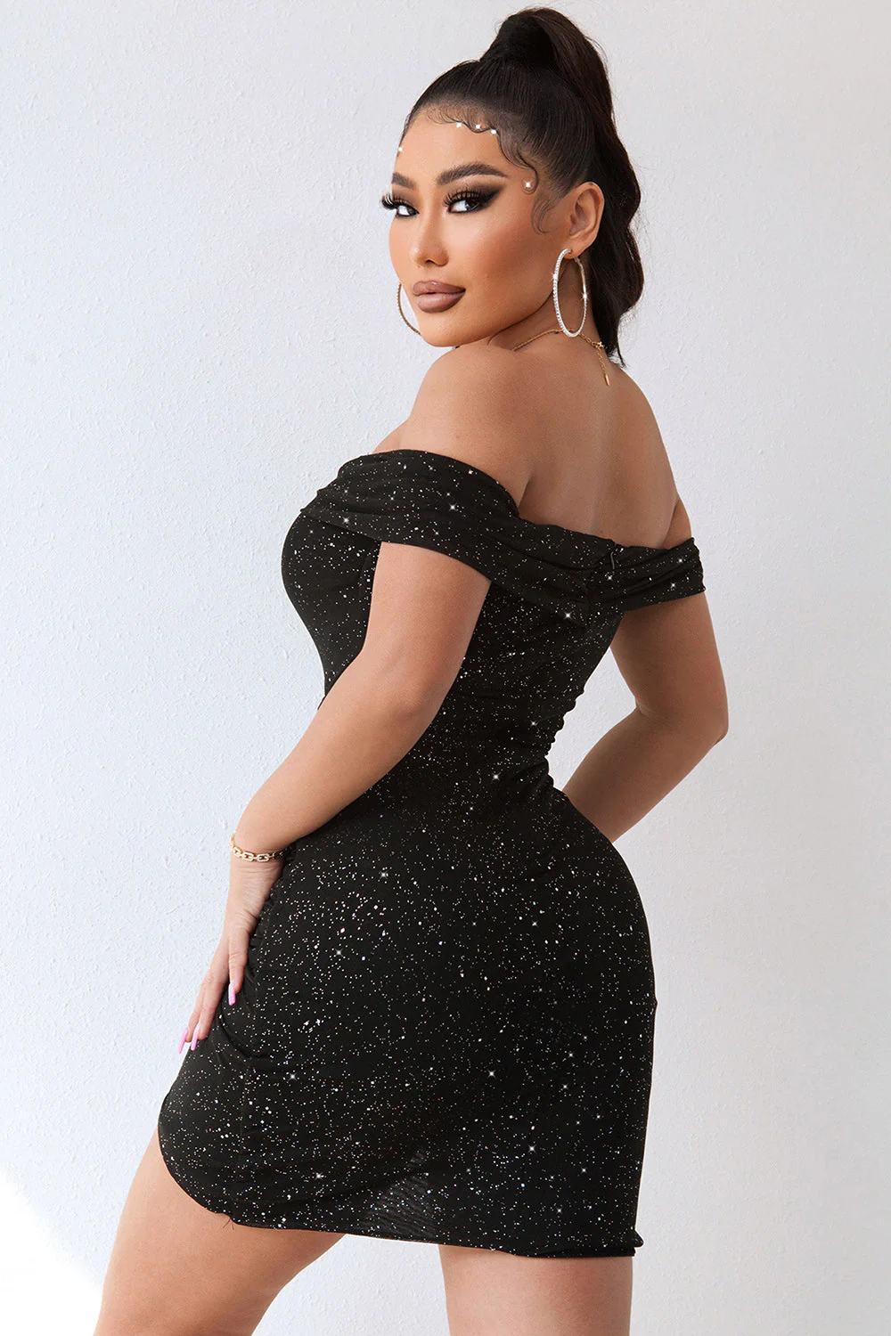 błyszcząca z koralikami Bodycon Krótka sukienka koktajlowa - Image 2