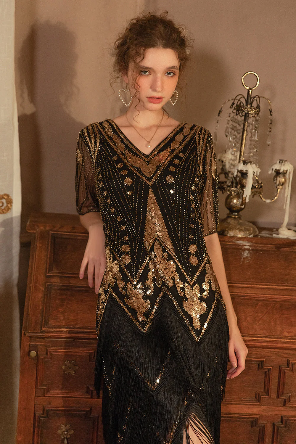 Błyszcząca Złota Krótkie Rękawy Dekolt W Serek Cekiny 1920 Sukienka Gatsby z frędzlami - Image 4