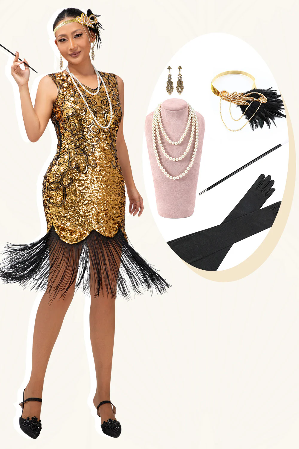 Błyszcząca złota sukienka bodycon z frędzlami1920s z 5-częściowym zestawem akcesoriów - Image 3