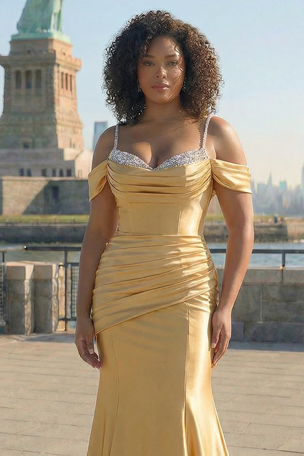 Błyszcząca, złota, zimna ramiona, cekinowa, satynowa sukienka na studniówkę plus size - Image 3