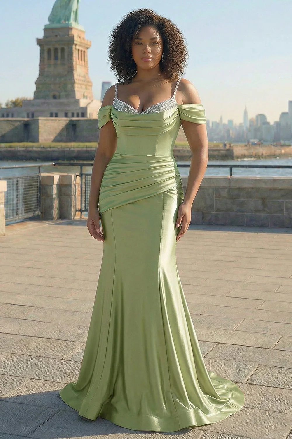 Błyszcząca, złota, zimna ramiona, cekinowa, satynowa sukienka na studniówkę plus size - Image 5