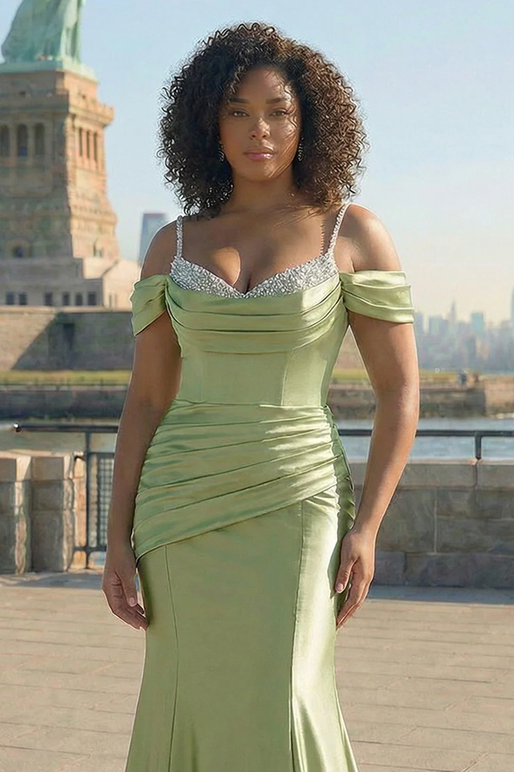 Błyszcząca, złota, zimna ramiona, cekinowa, satynowa sukienka na studniówkę plus size - Image 7