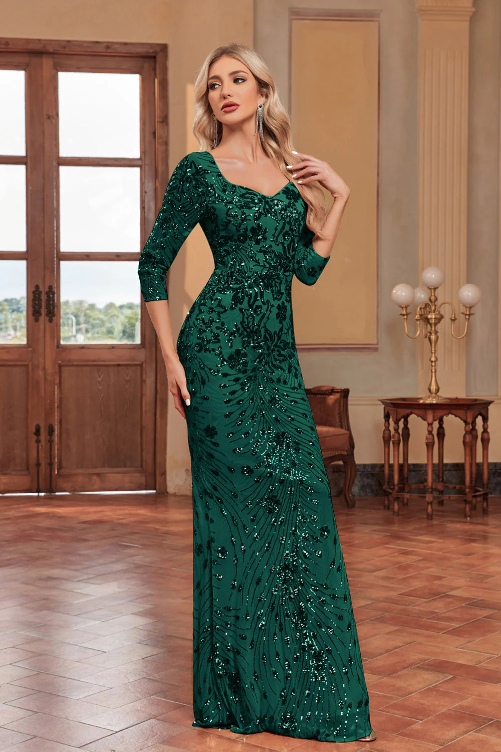 Błyszczące ciemnozielone aplikacje syreny kwadratowy dekolt sukienka dla matki panny młodej z rękawami 3/4 - Image 4