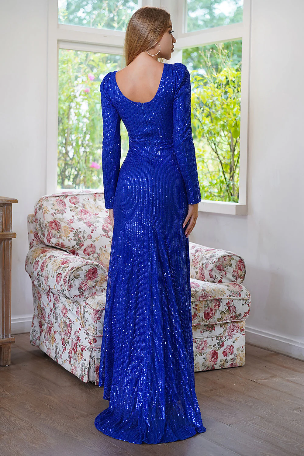 Błyszczące długie rękawy Cekiny Royal Blue Suknia wieczorowa z rozcięciem - Image 2