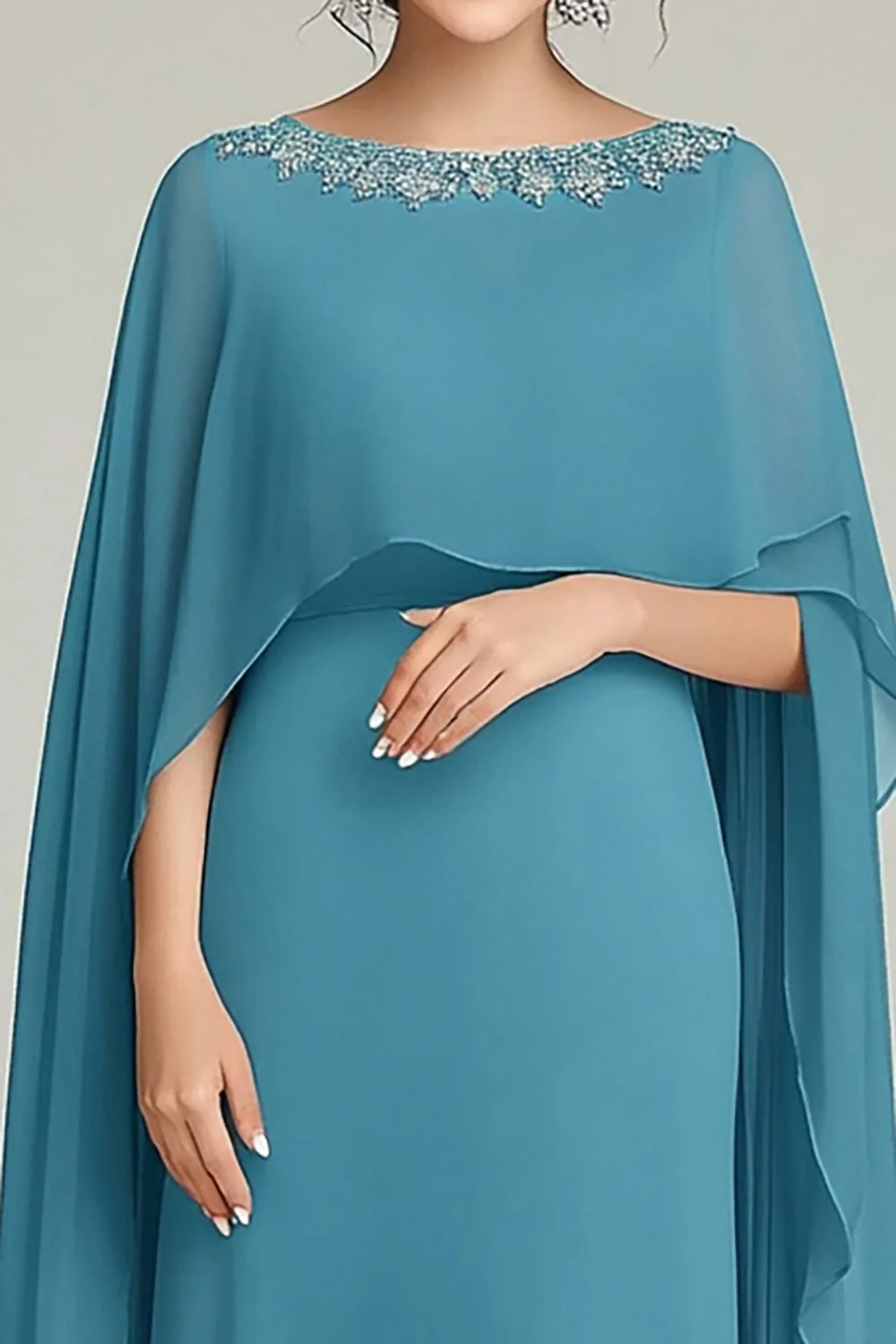 Błyszczące Niebieskie Cekiny Okrągły Dekolt Długa Sukienka Dla Matki Panny Młodej Z Falbankami - Image 2