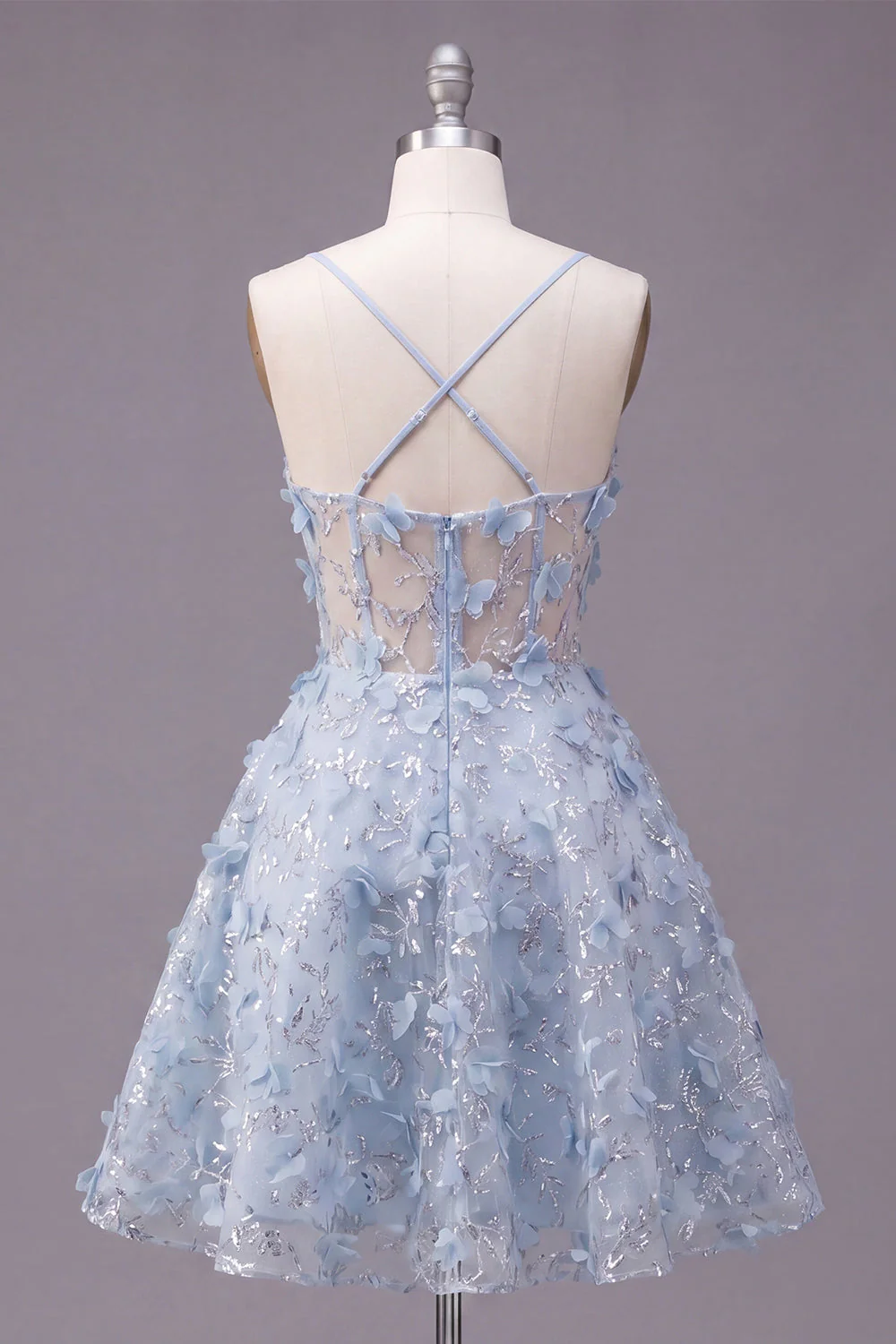 Błyszczące niebieskie ramiączka spaghetti, kwiatowa sukienka z cekinami A Line A Short Corset na homecoming - Image 2
