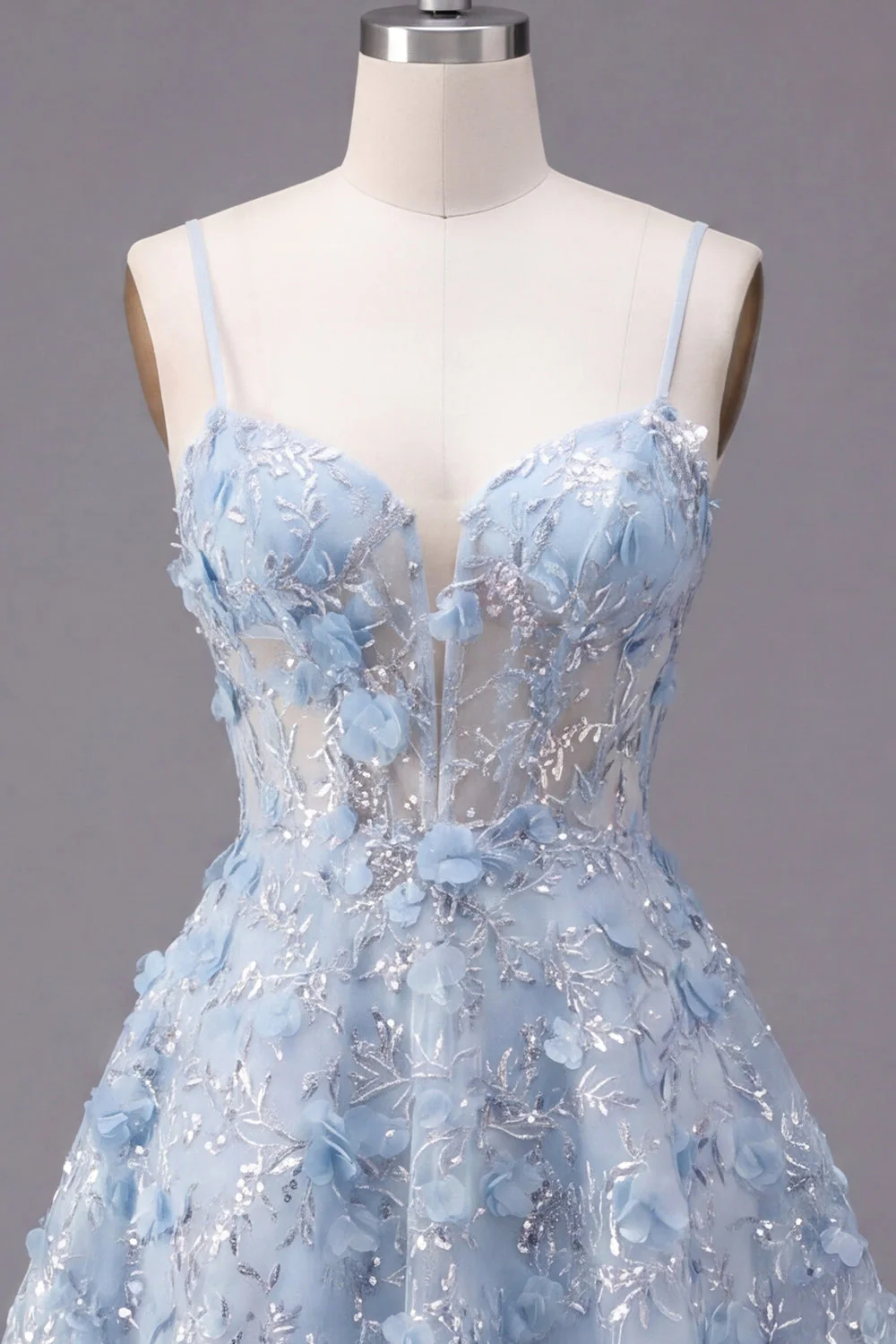 Błyszczące niebieskie ramiączka spaghetti, kwiatowa sukienka z cekinami A Line A Short Corset na homecoming - Image 7