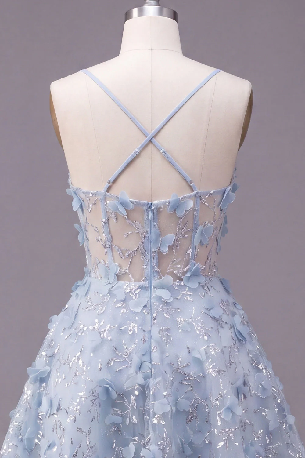 Błyszczące niebieskie ramiączka spaghetti, kwiatowa sukienka z cekinami A Line A Short Corset na homecoming - Image 8