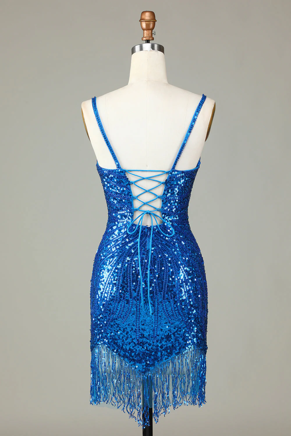 Błyszczące ramiączka Bodycon Spaghetti Niebieskie cekiny Krótka sukienka Homecoming z frędzlami - Image 2
