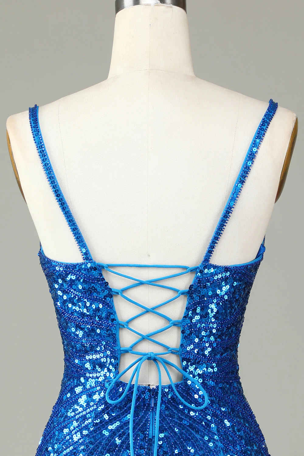 Błyszczące ramiączka Bodycon Spaghetti Niebieskie cekiny Krótka sukienka Homecoming z frędzlami - Image 6