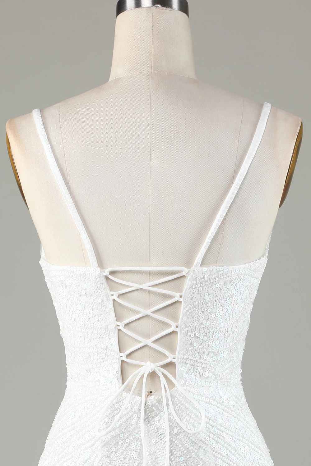 Błyszczące ramiączka Bodycon Spaghetti Niebieskie sznurowane plecy Krótka sukienka Homecoming z koralikami - Image 6