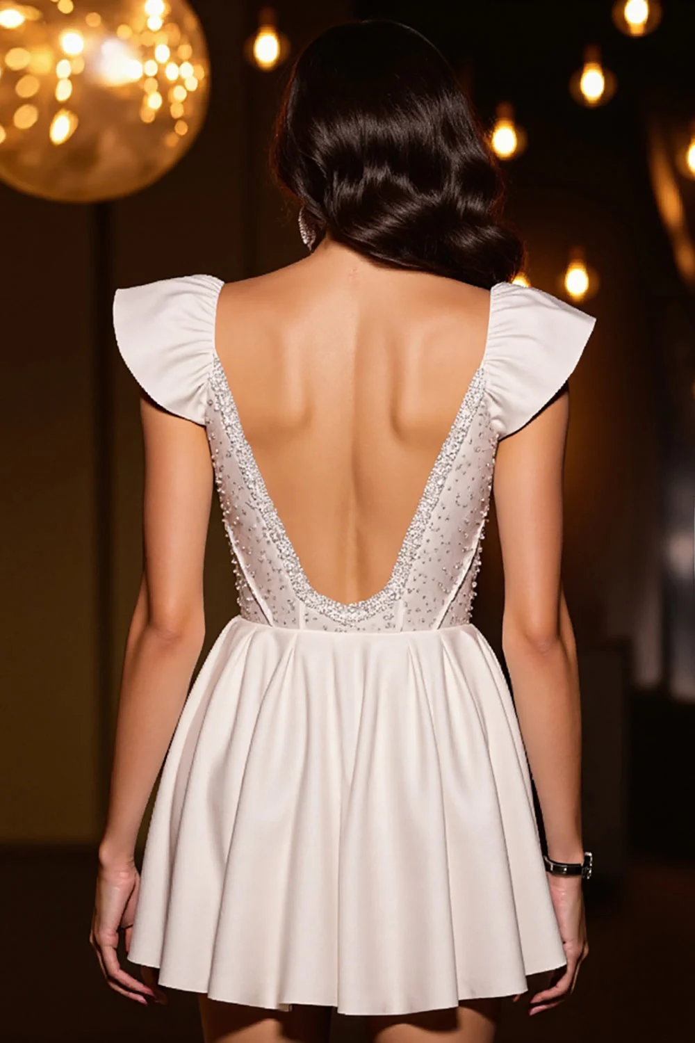 Błyszczący gorset w kolorze kości słoniowej A line Cap Sleeves Homecoming Dress - Image 2