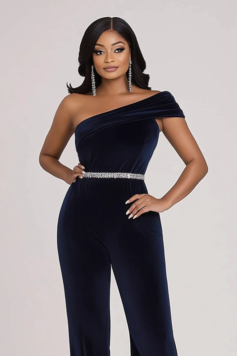 Błyszczący granatowy kombinezon na jedno ramię bodycon z aksamitnymi koralikami - Image 2