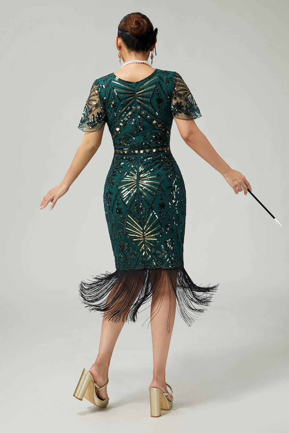Bodycon Cekinowa Ciemnozielona Sukienka Z Frędzlami 1920 Z 5-częściowym Zestawem Akcesoriów - Image 2