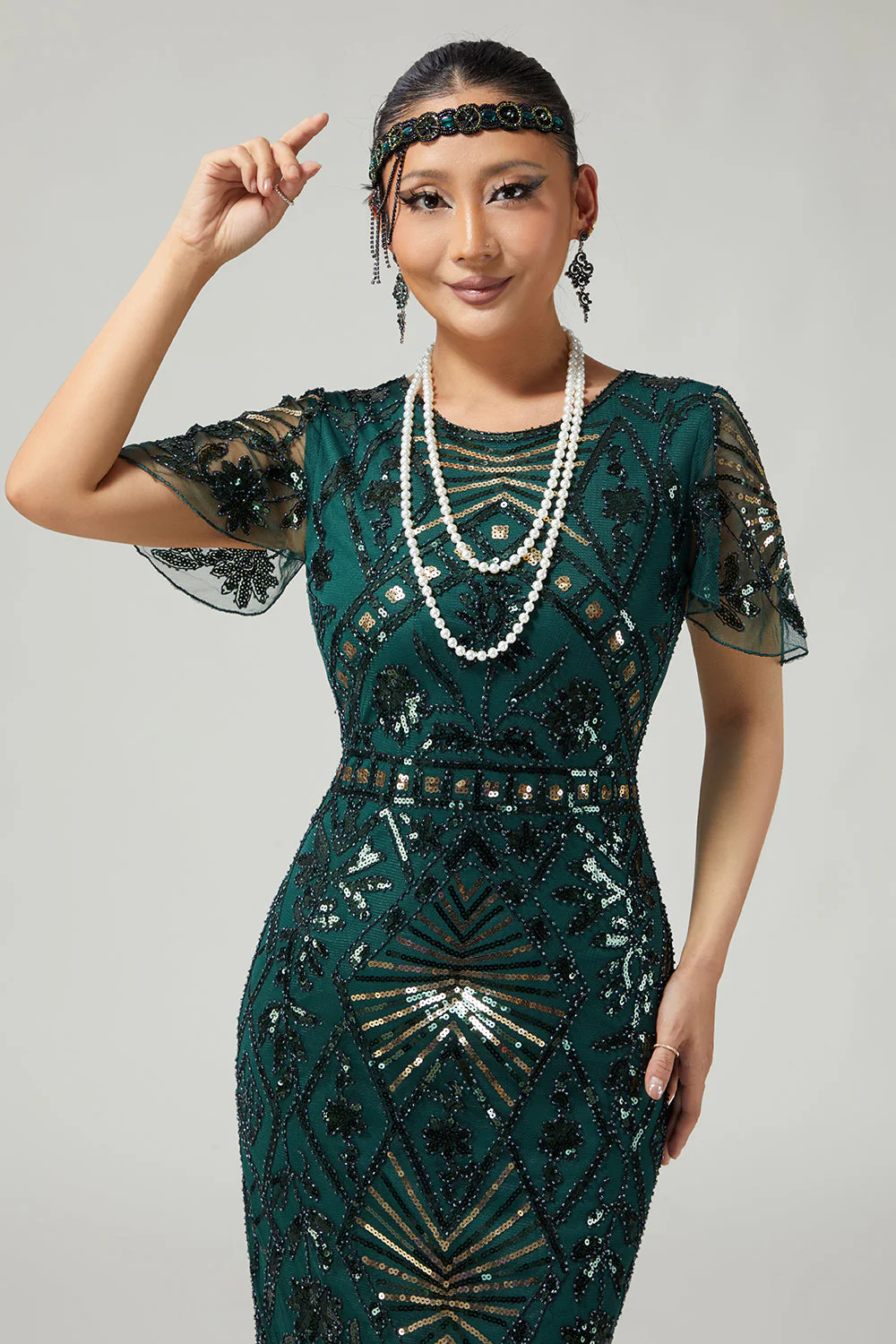 Bodycon Cekinowa Ciemnozielona Sukienka Z Frędzlami 1920 Z 5-częściowym Zestawem Akcesoriów - Image 4