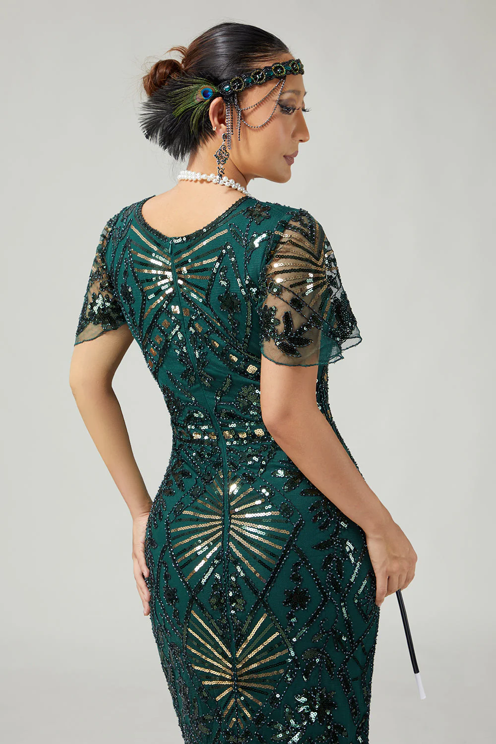 Bodycon Cekinowa Ciemnozielona Sukienka Z Frędzlami 1920 Z 5-częściowym Zestawem Akcesoriów - Image 5